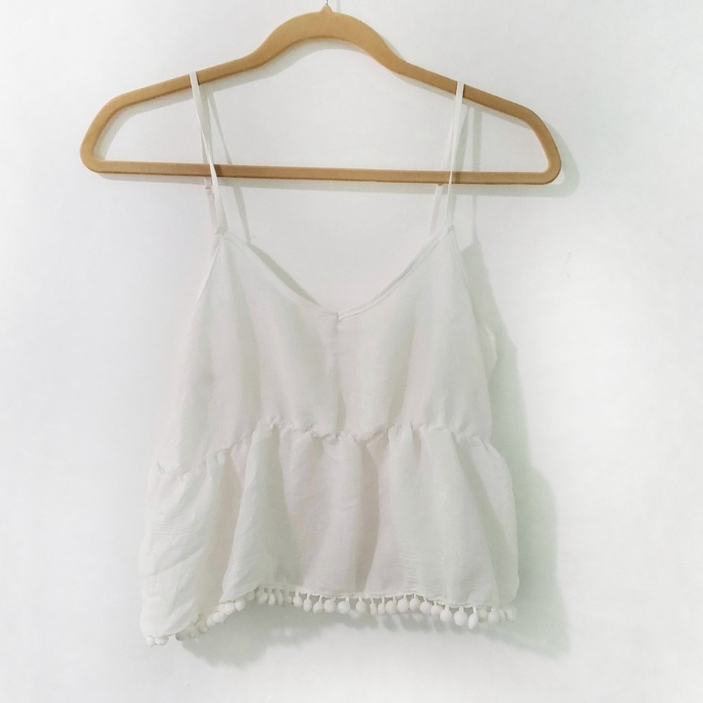 White Tank Top Women’s Size Medium Nella Fantasia Fringe Pompom Trim